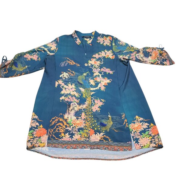 Cintron Santa Monica Asian Peacock Bonsai Teal Wearable Art XL Blouse - Picture 7 of 16
